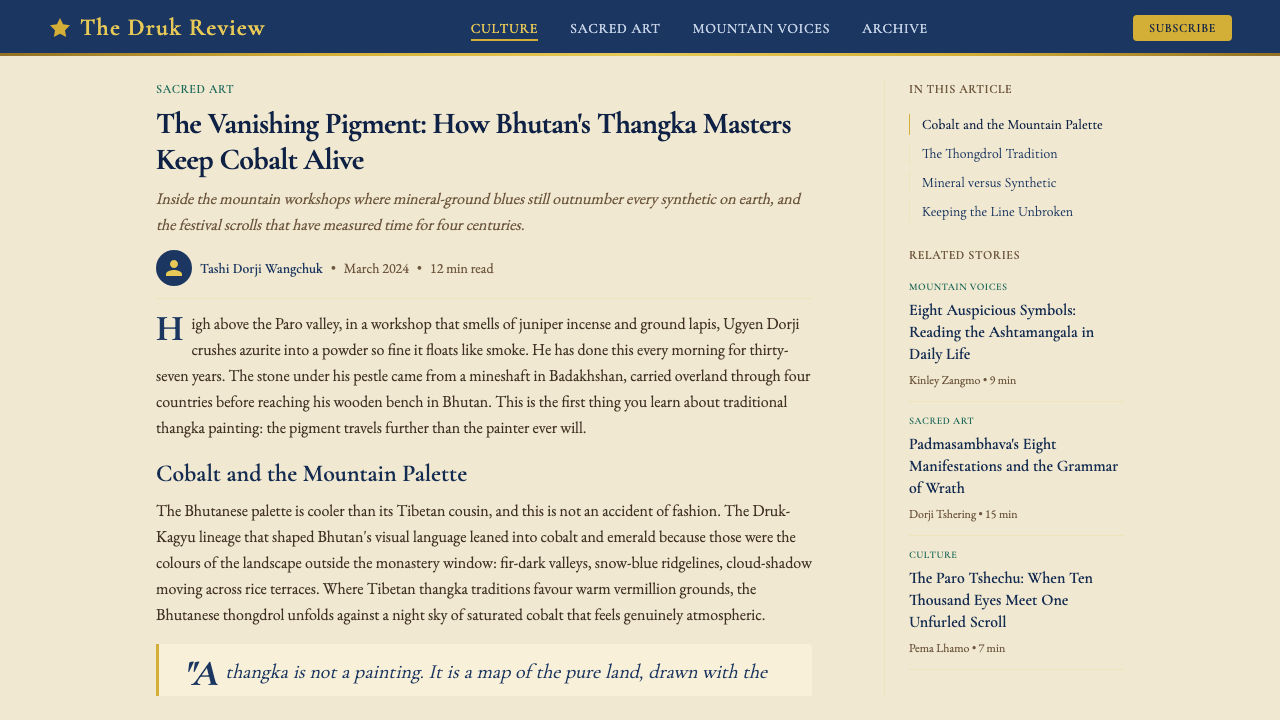 Bhutanese Thangka (Druk Style) design style applied to a Article page