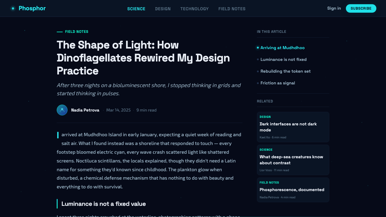 Bioluminescent Shore design style applied to a Article page
