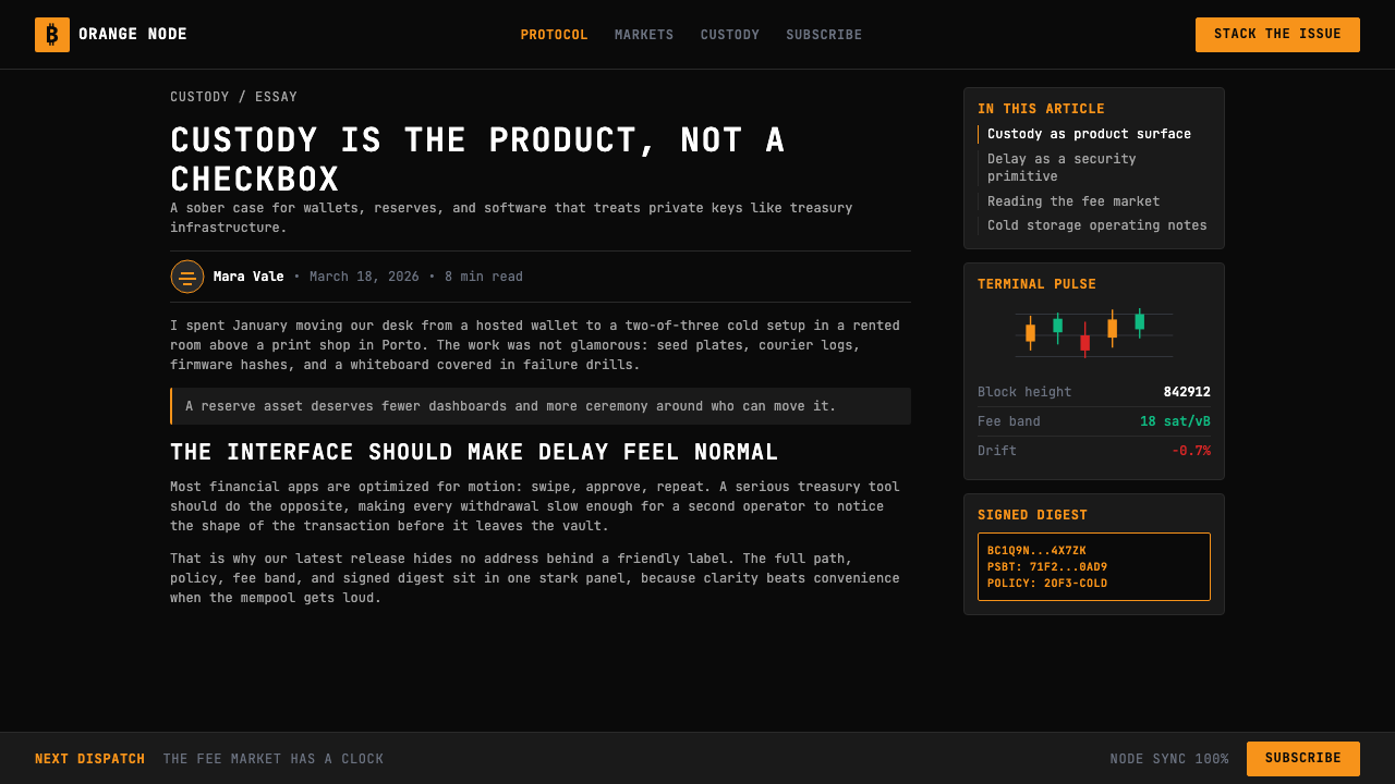 Bitcoin Maximalist Orange design style applied to a Article page