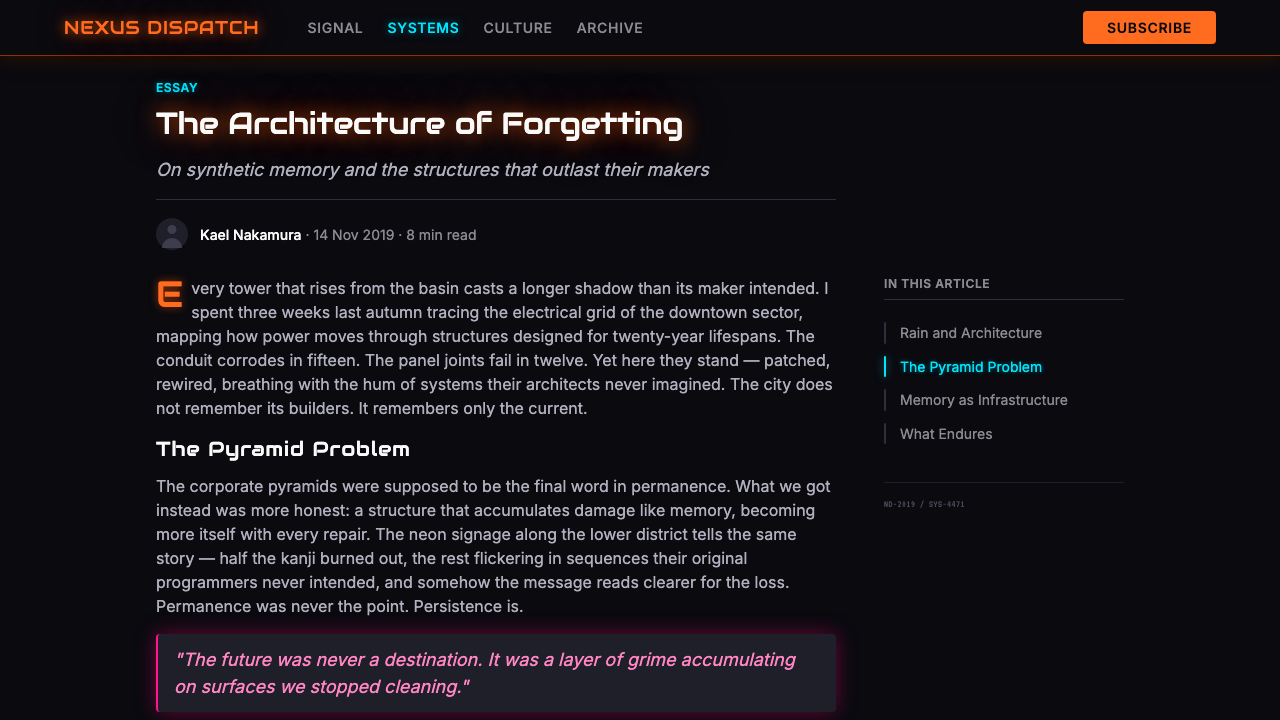 Blade Runner 1982 Neon Noir design style applied to a Article page