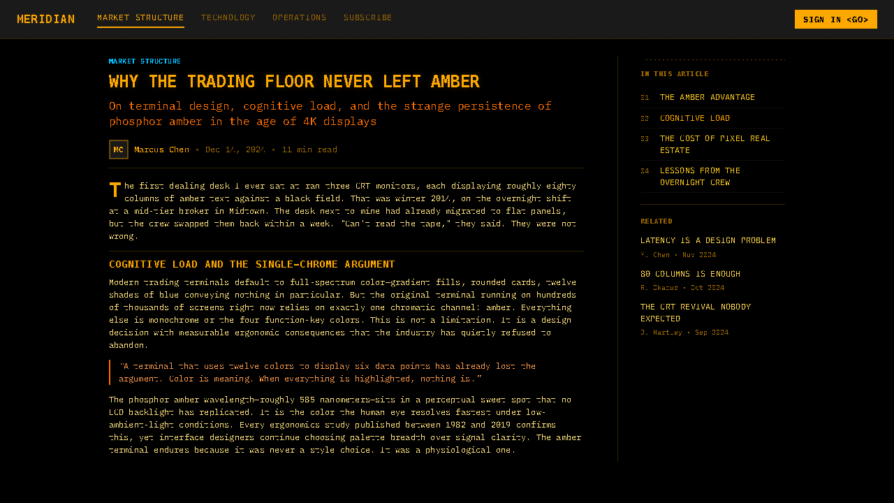 Bloomberg Terminal (Amber CRT) design style applied to a Article page