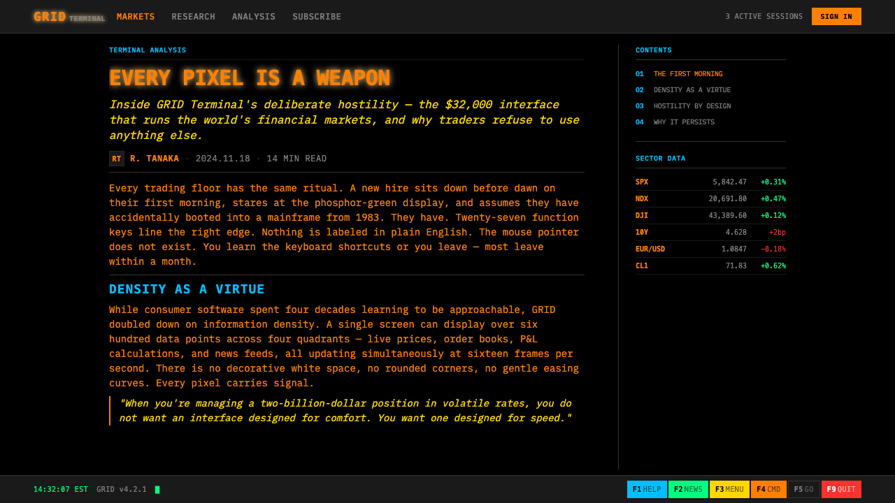 Bloomberg Terminal (CRT Green) design style applied to a Article page