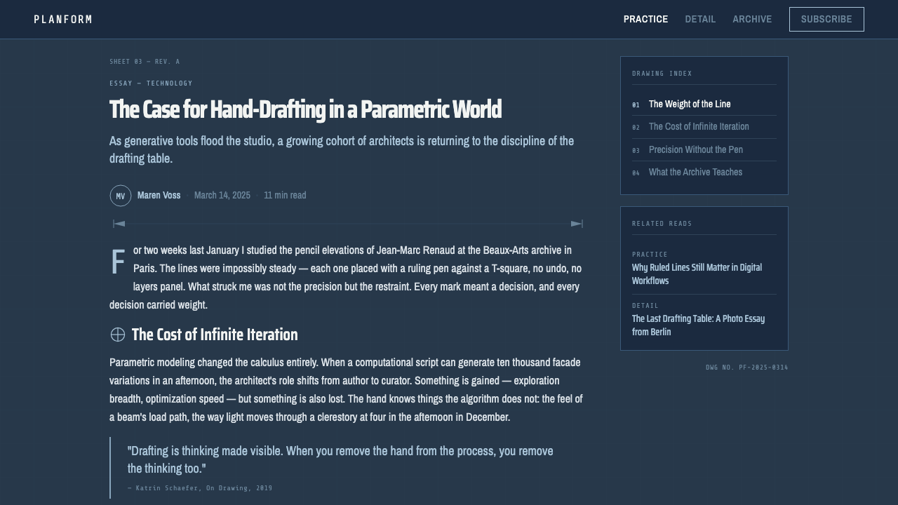 Architectural Blueprint design style applied to a Article page