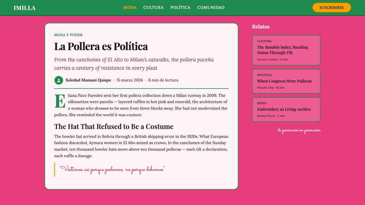 Bolivian Cholita Fashion design style applied to a Article page