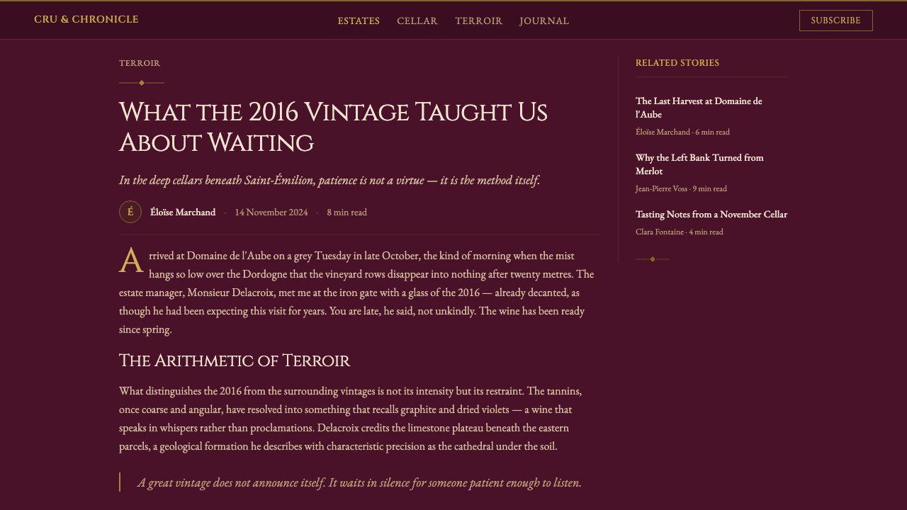 Bordeaux Wine Château design style applied to a Article page