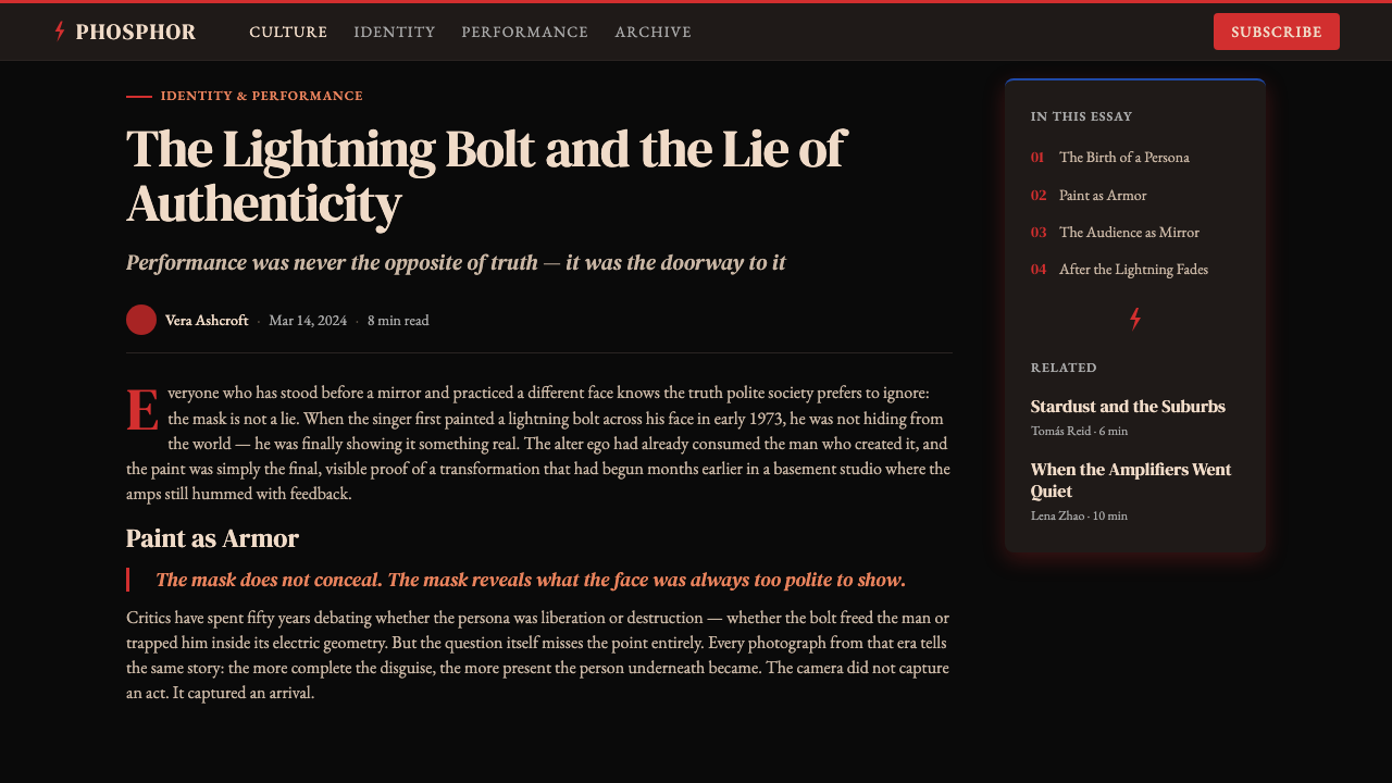 Bowie — Ziggy Stardust design style applied to a Article page
