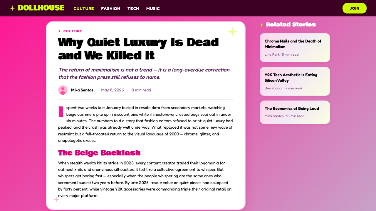 Bratz 2003 design style applied to a Article page