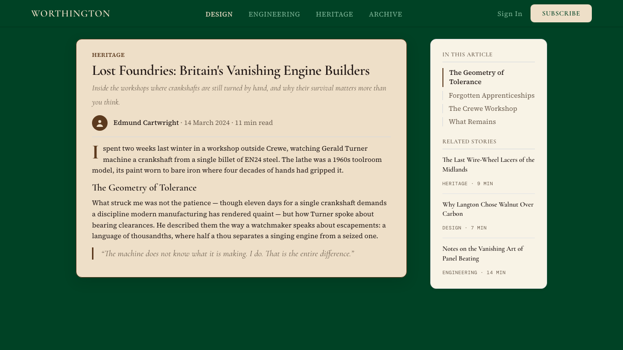 British Racing Green (Motorsport, 1907) design style applied to a Article page