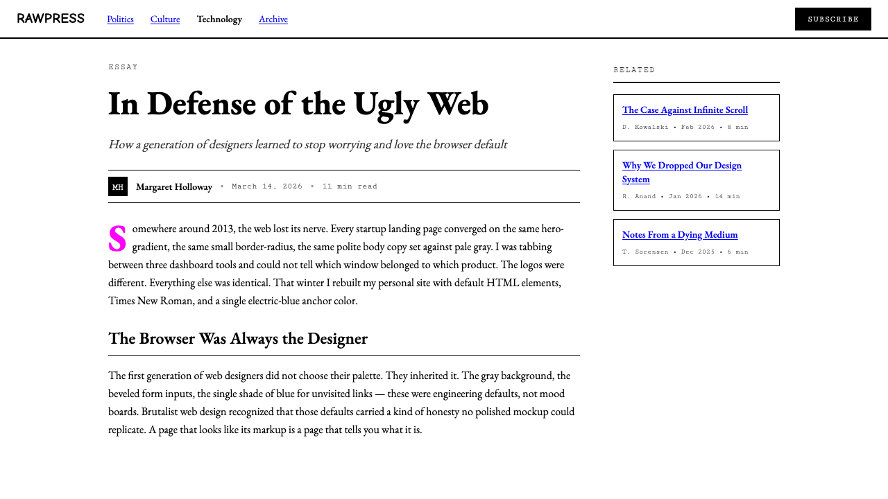 Brutalist Web 2014 design style applied to a Article page