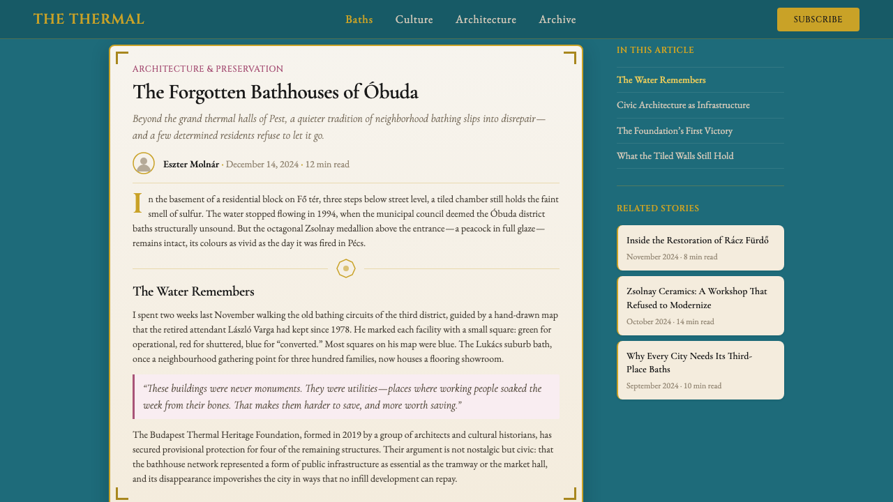 Budapest Thermal Bath Art Deco design style applied to a Article page