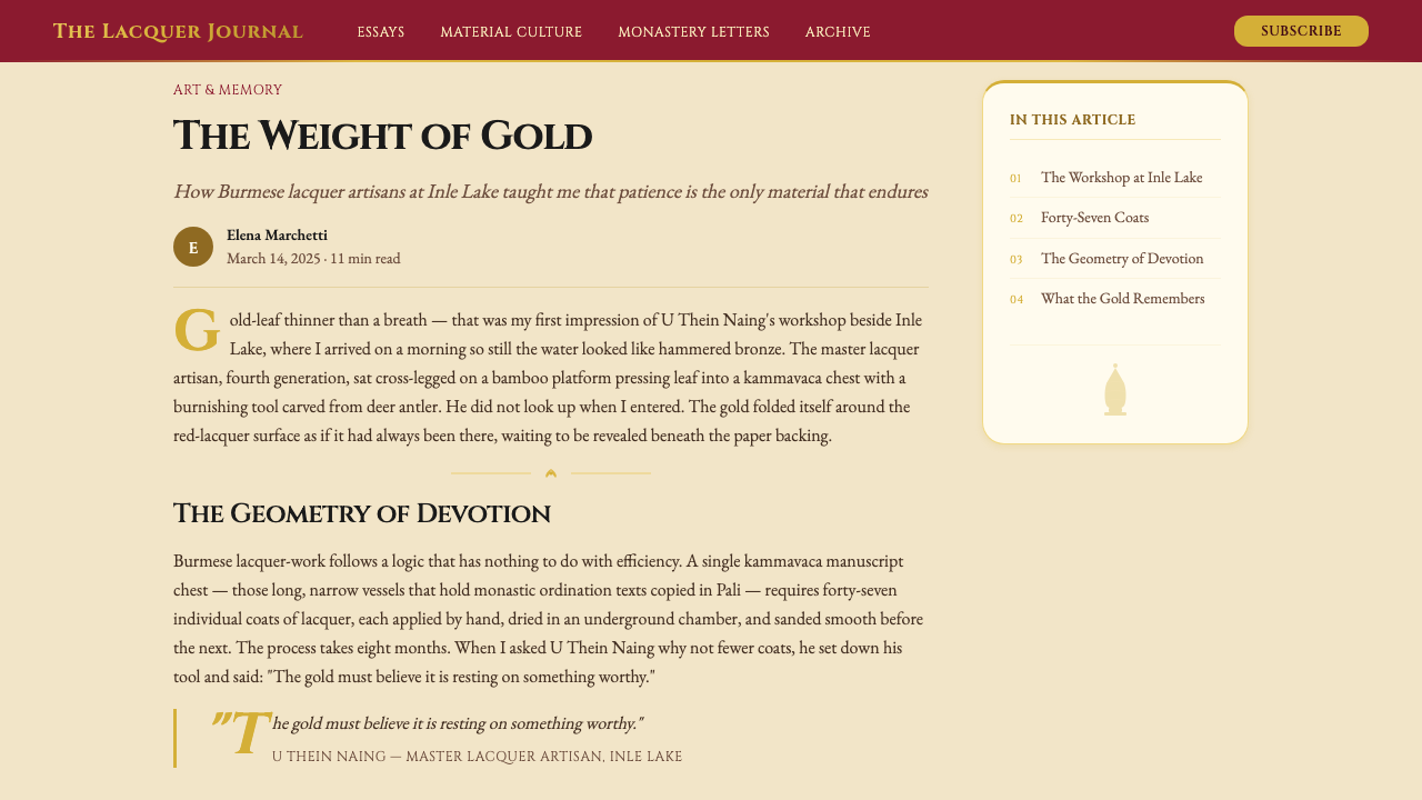 Burmese Shwedagon Gold-Lacquer design style applied to a Article page