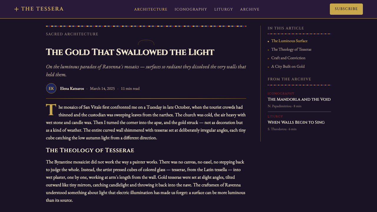 Byzantine Mosaic / Icon design style applied to a Article page