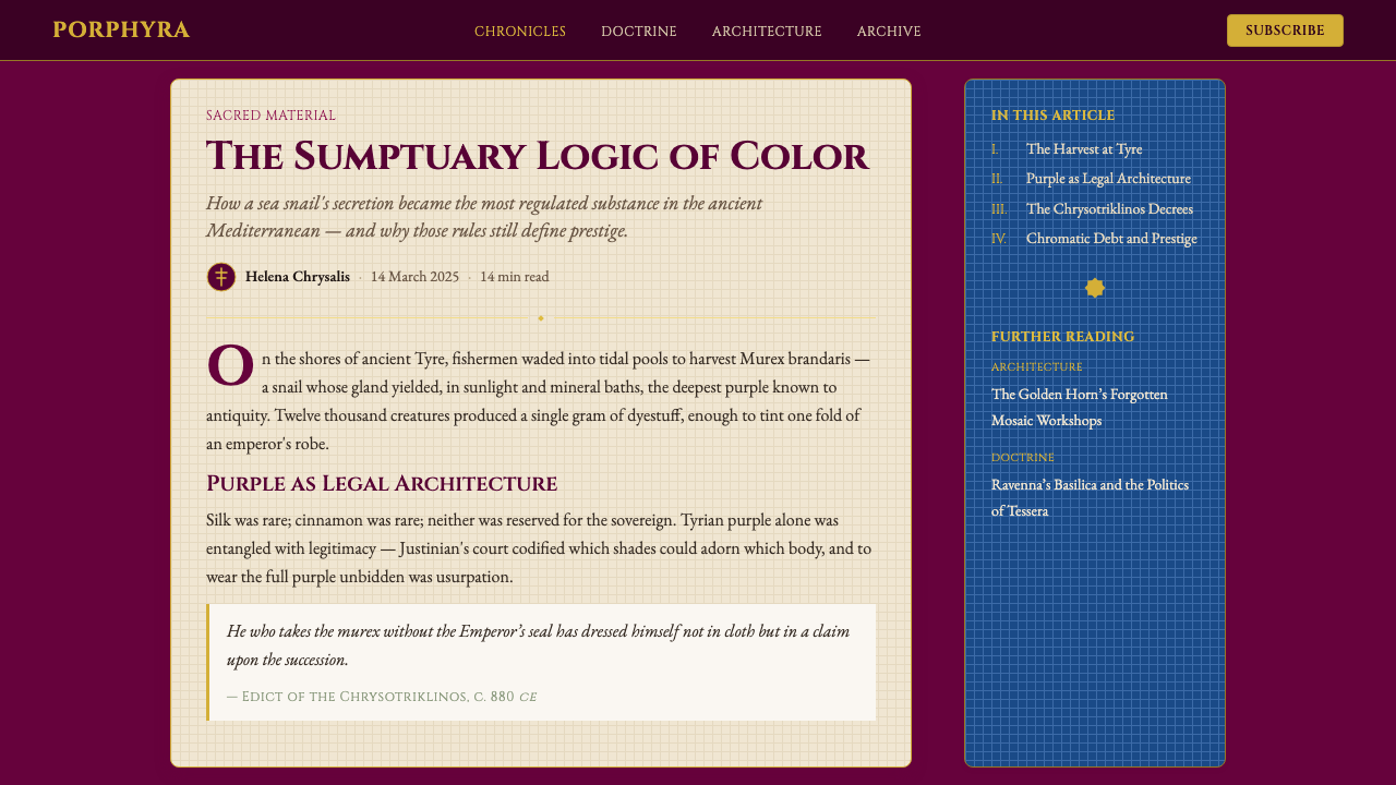 Byzantine Tyrian Purple (Imperial Court) design style applied to a Article page