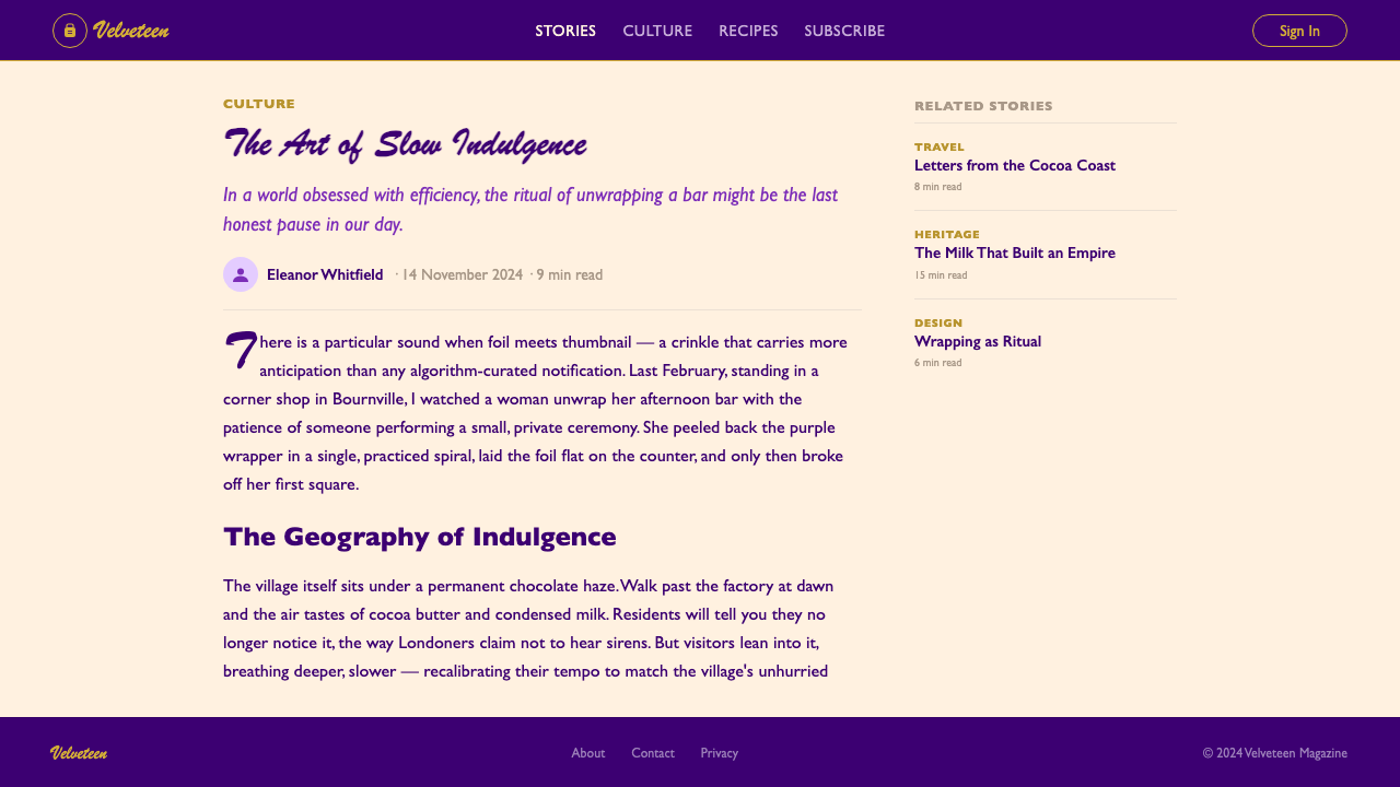 Cadbury Dairy Milk design style applied to a Article page