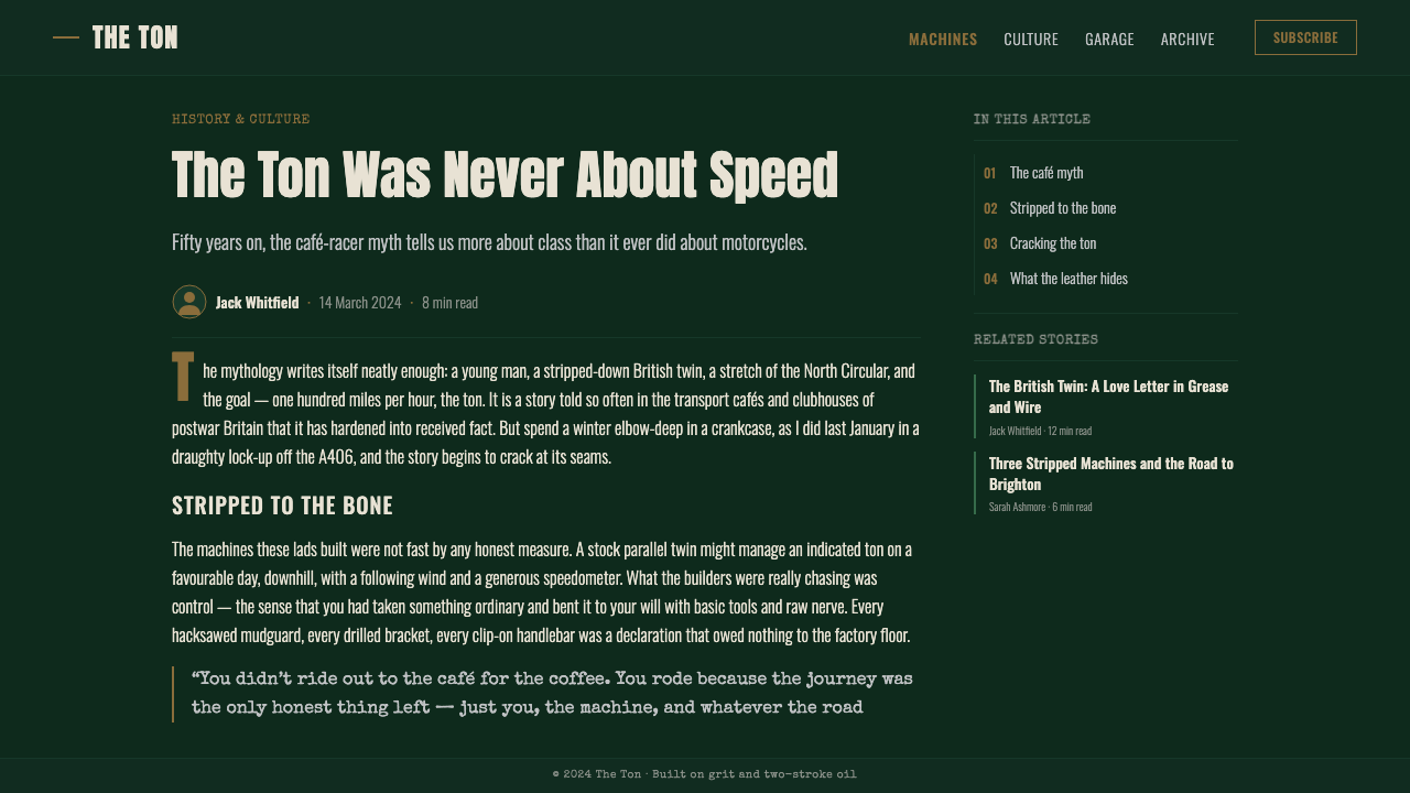 Café Racer Ton-Up design style applied to a Article page