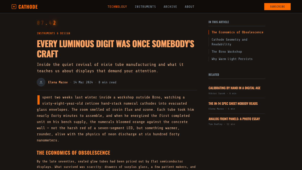 Nixie Tube Display design style applied to a Article page