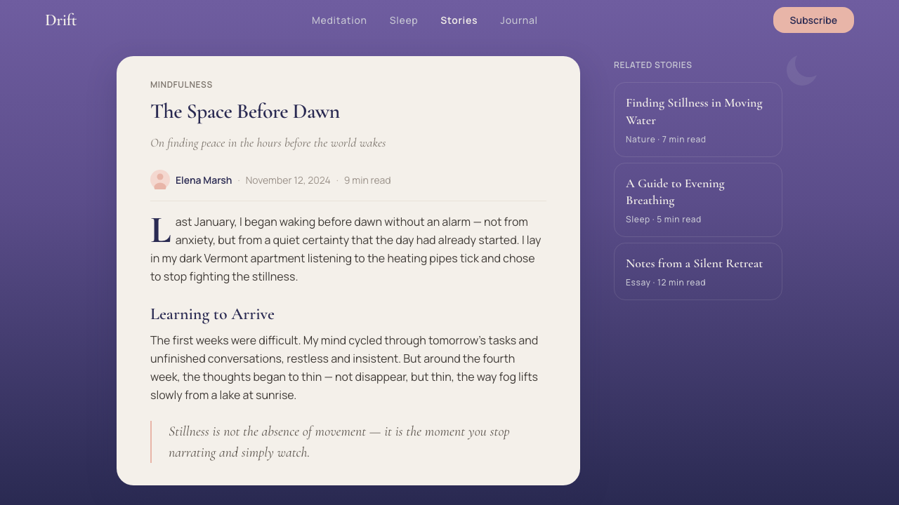 Calm App Purple Meditation design style applied to a Article page