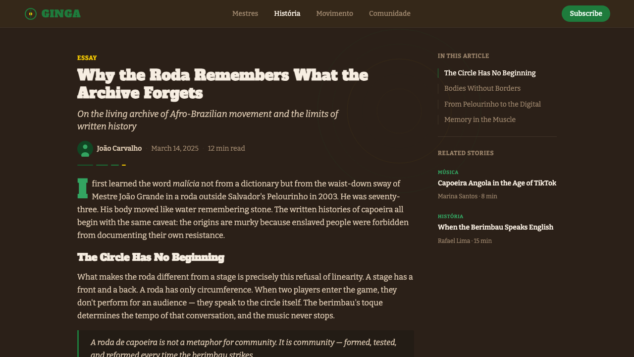 Capoeira Roda design style applied to a Article page