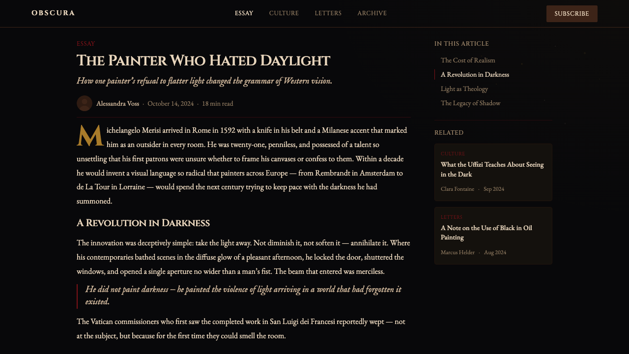Caravaggio Tenebrism design style applied to a Article page