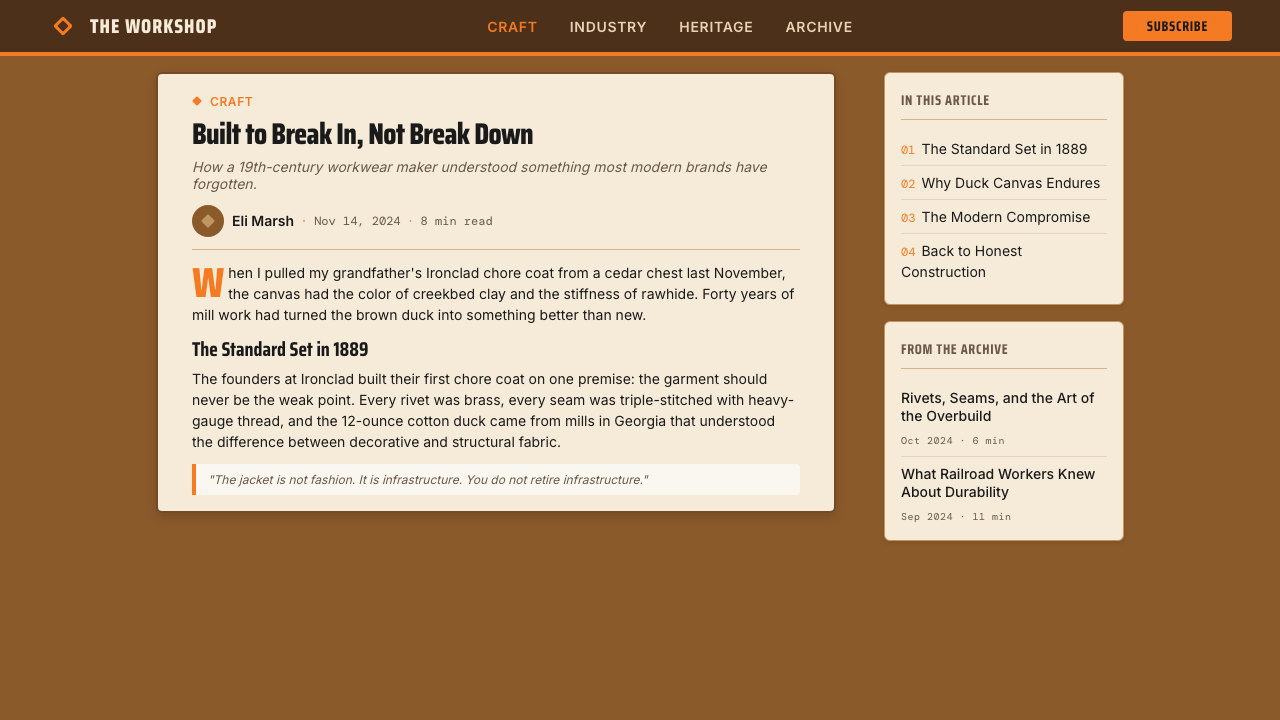 Carhartt Work Jacket Brown (1889) design style applied to a Article page