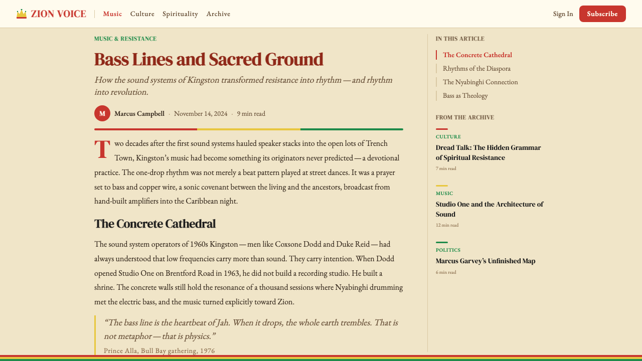 Caribbean Rastafarian (Jamaica) design style applied to a Article page