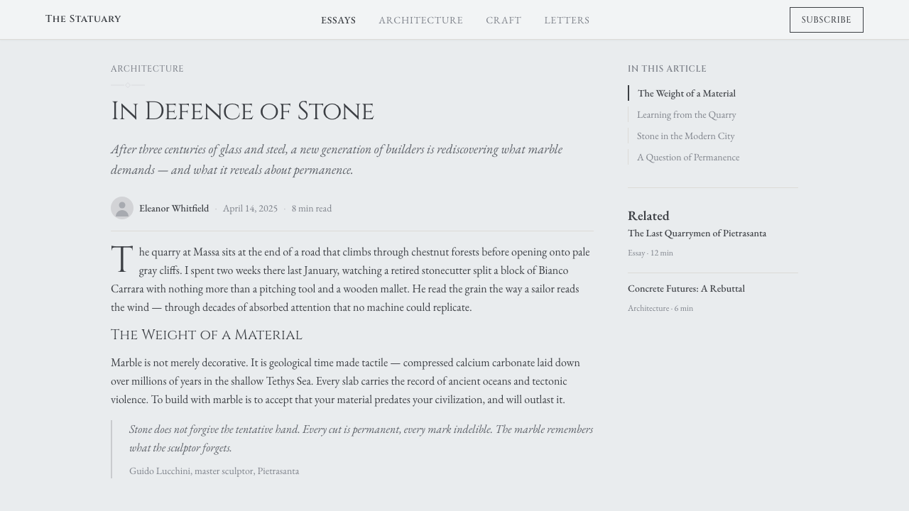 Carrara Marble design style applied to a Article page