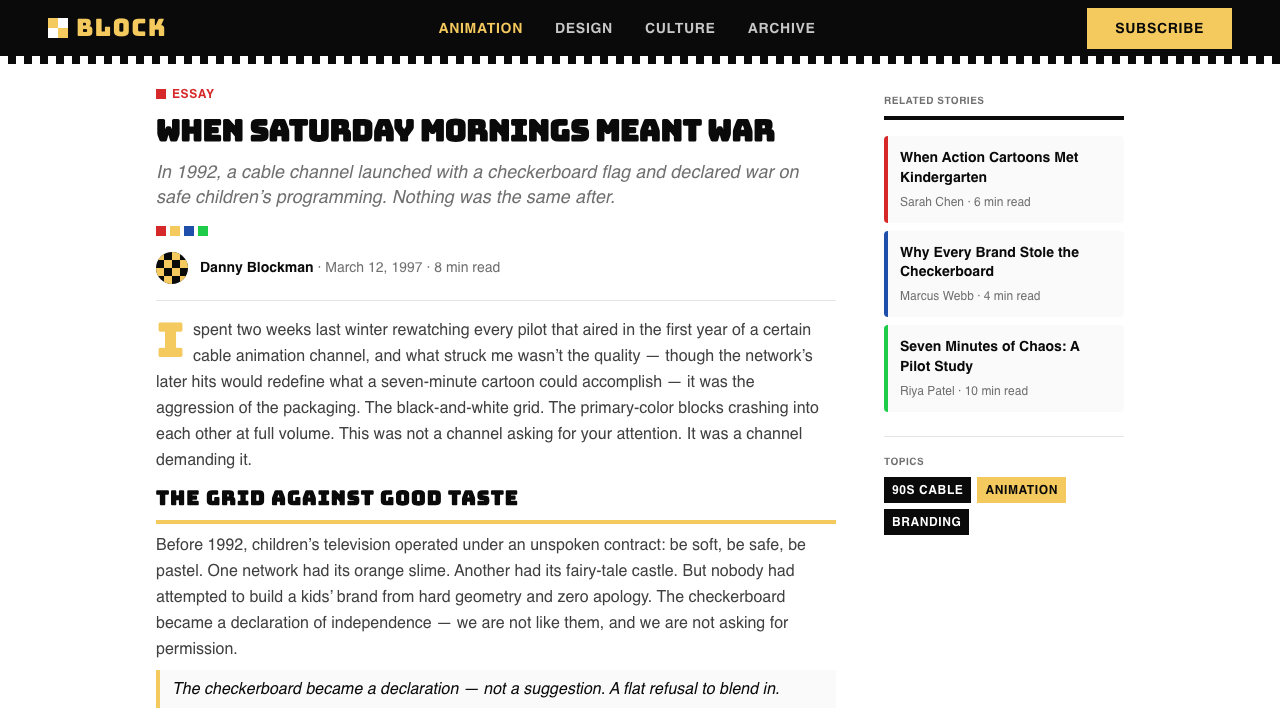 Cartoon Network 90s Blocks design style applied to a Article page