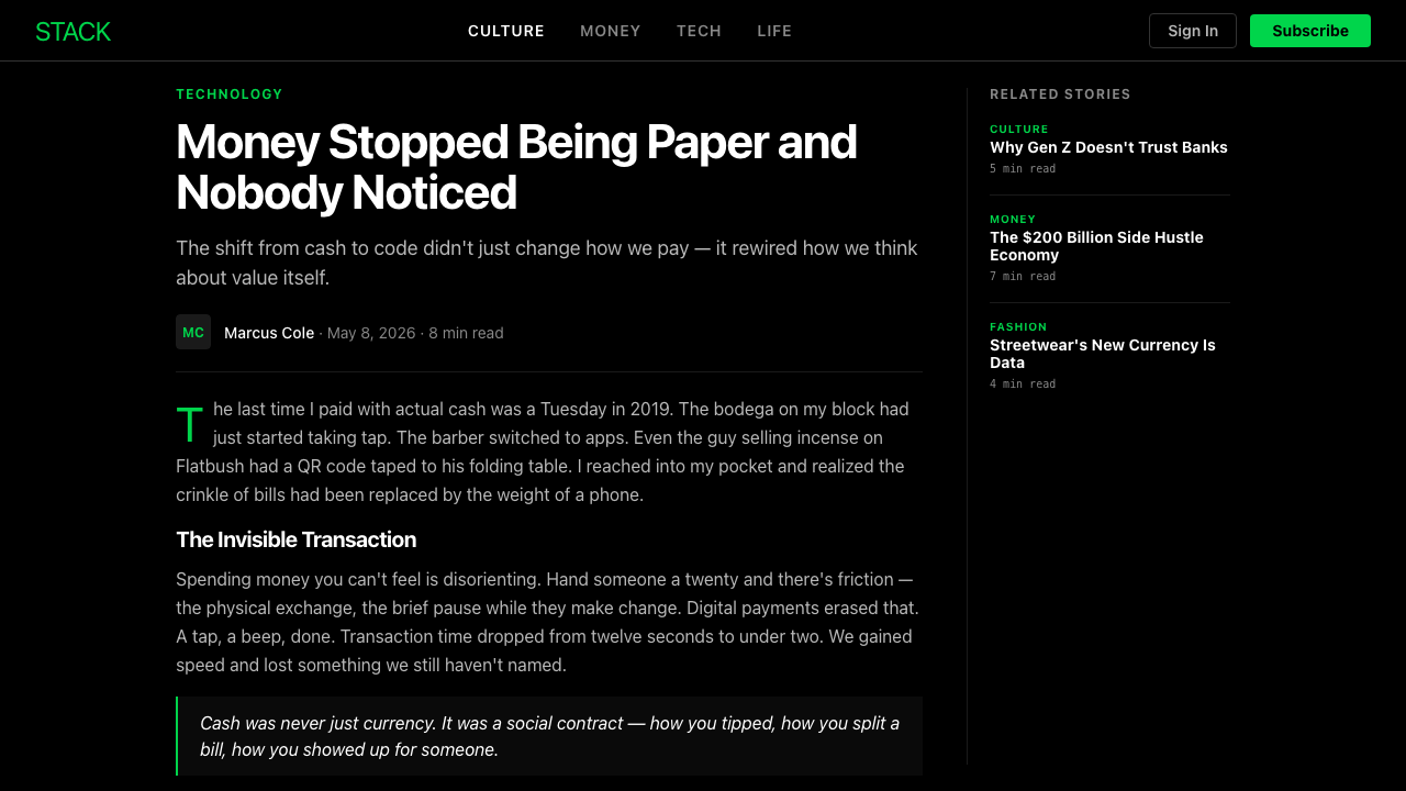 Cash App 2024 design style applied to a Article page