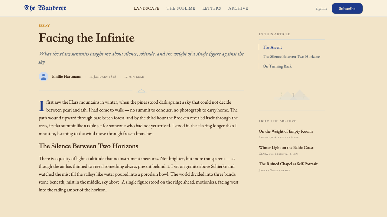 Caspar David Friedrich design style applied to a Article page