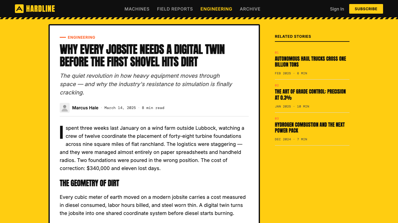 Caterpillar Construction Yellow (1925) design style applied to a Article page