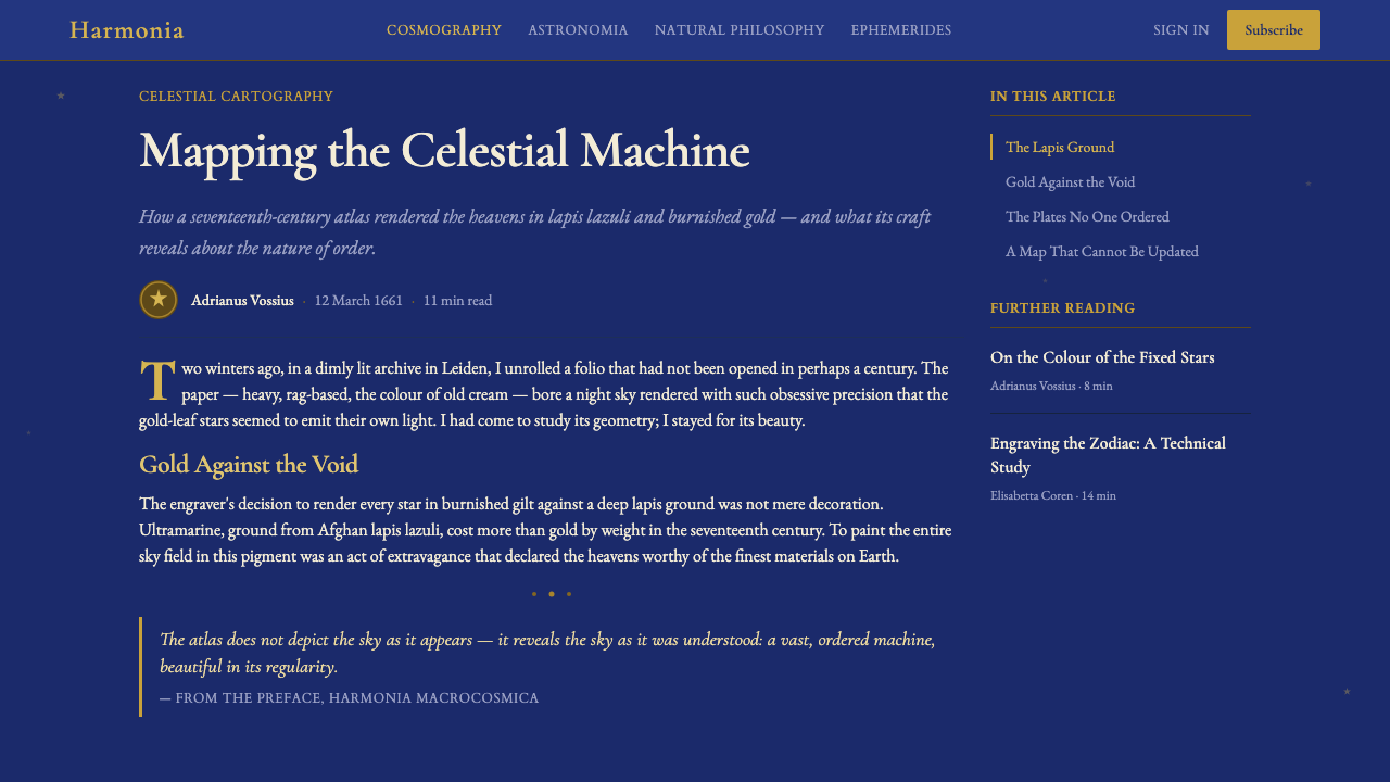Cellarius Celestial Atlas design style applied to a Article page
