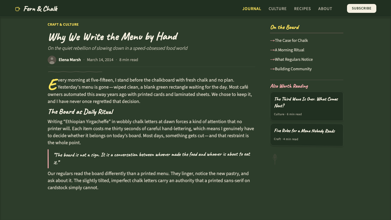 Chalkboard Cafe Menu (2010) design style applied to a Article page