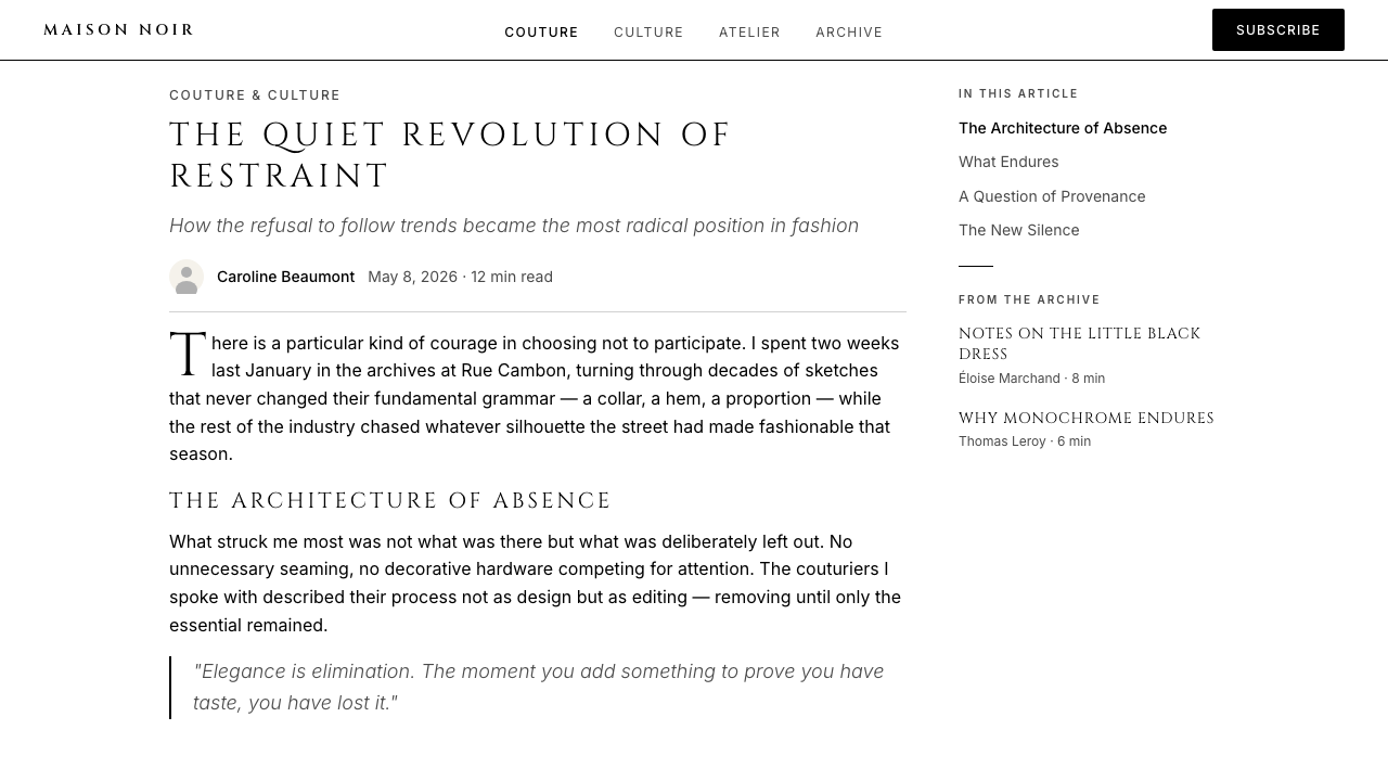 Chanel design style applied to a Article page