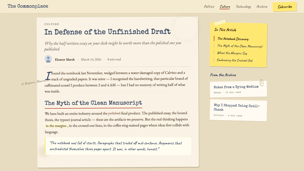 Chaotic Academia design style applied to a Article page