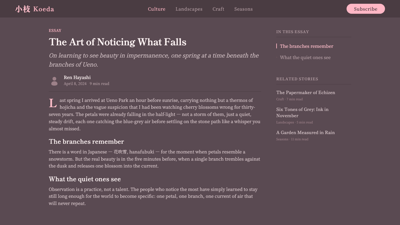 Cherry Blossom Hanami design style applied to a Article page