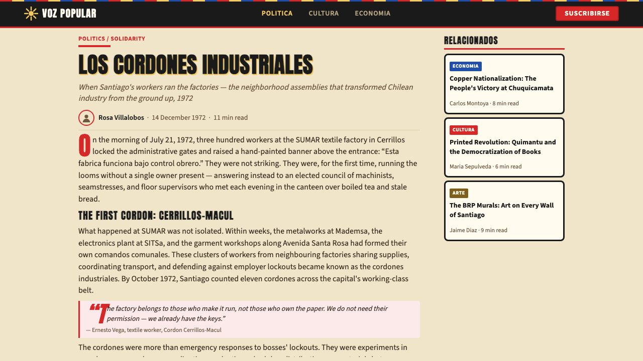 Chilean Allende-Era Propaganda (1972) design style applied to a Article page