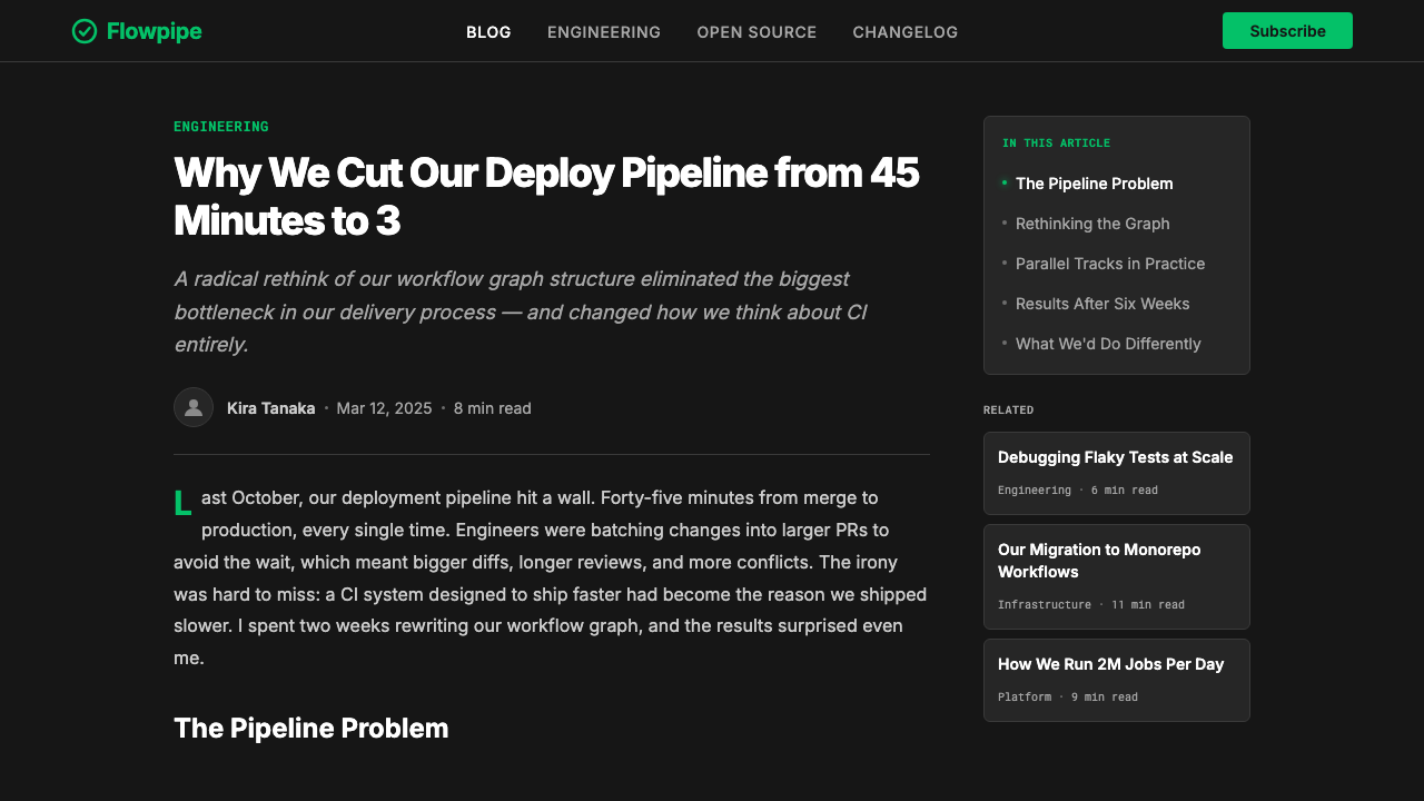 CircleCI Pipeline-Green design style applied to a Article page