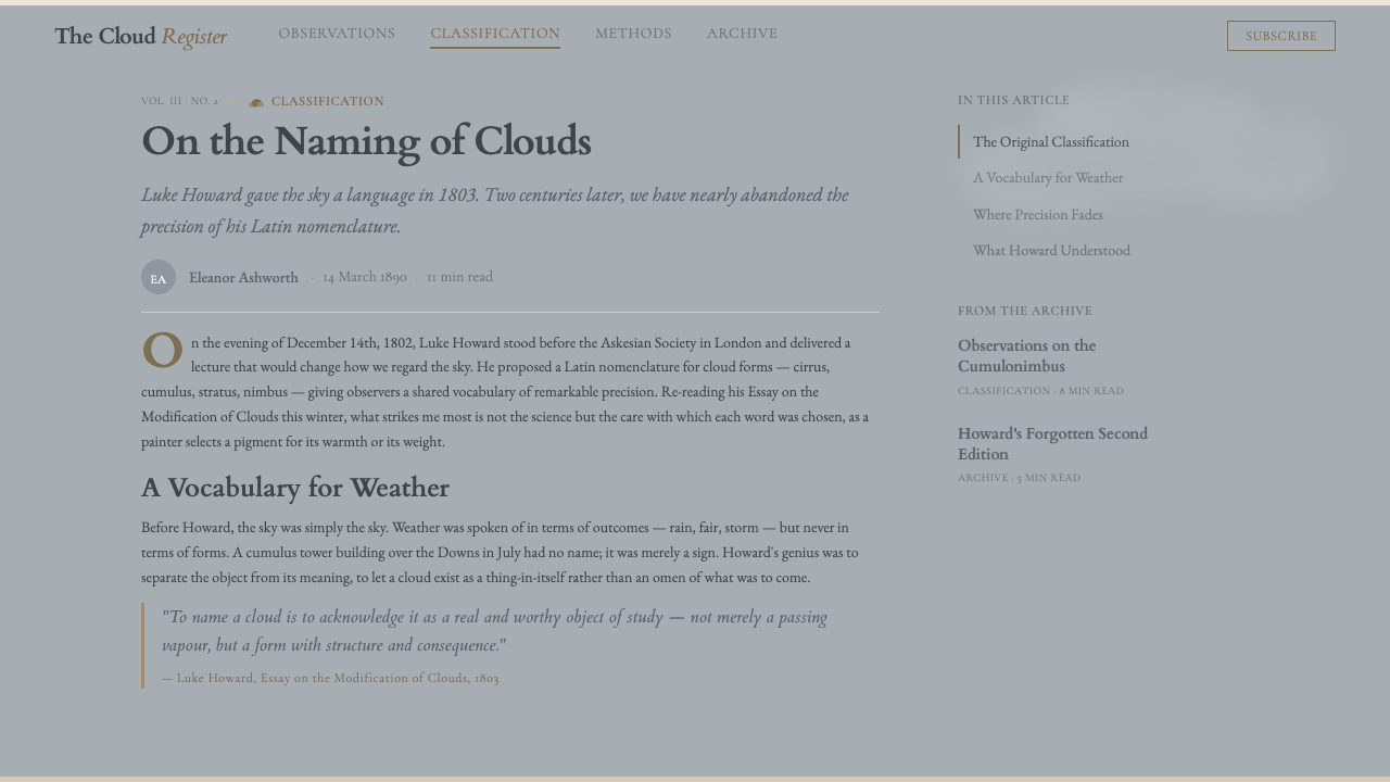 Cloud Atlas Plate design style applied to a Article page
