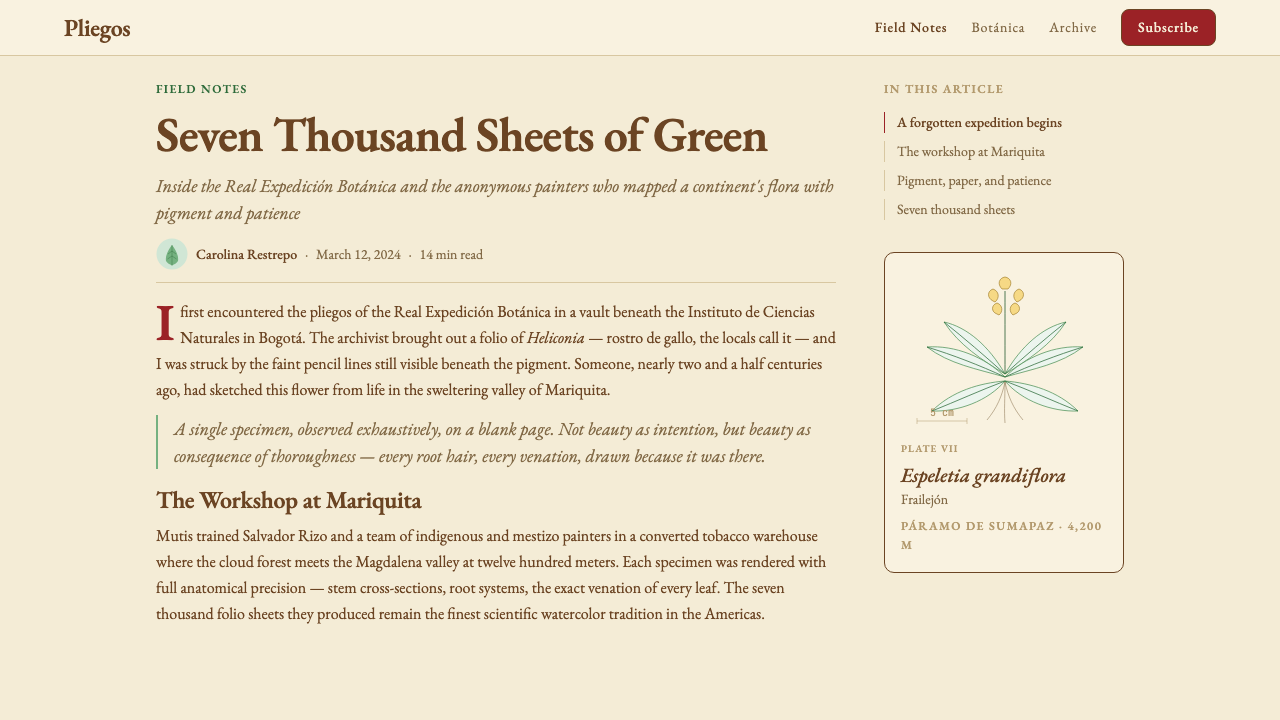 Colombian Botanical (Triana) design style applied to a Article page