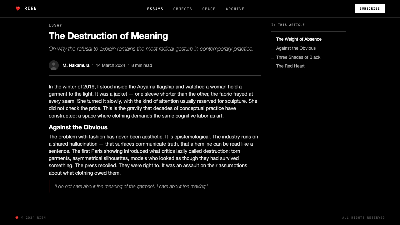 Comme des Garçons (Rei Kawakubo) design style applied to a Article page