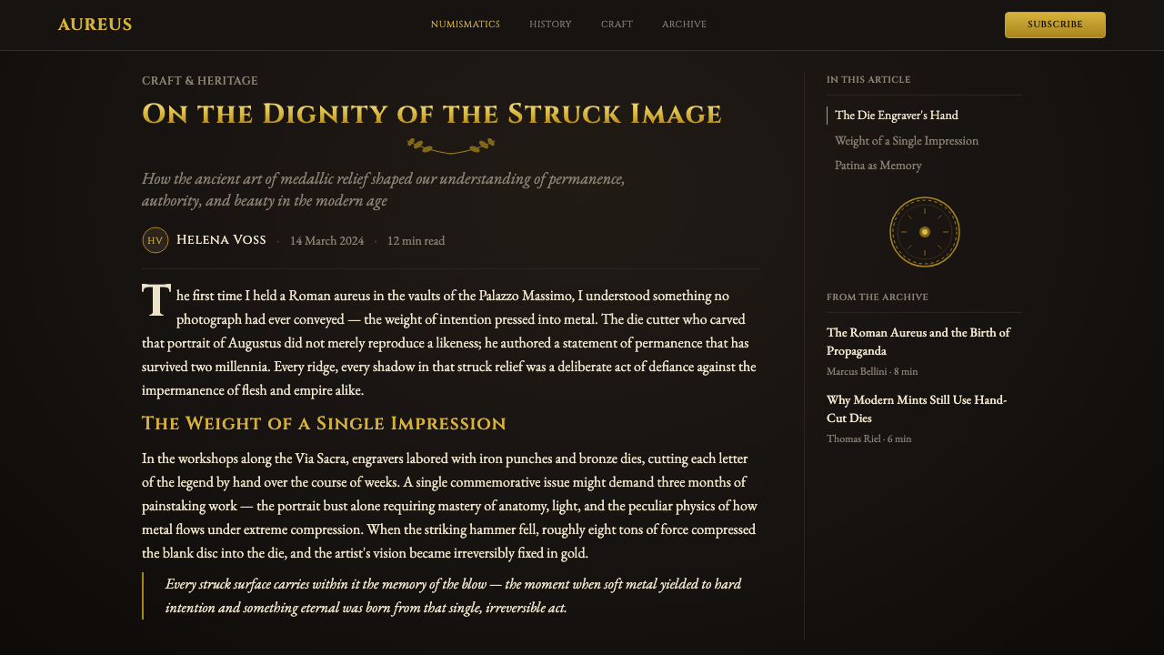 Commemorative Coin design style applied to a Article page