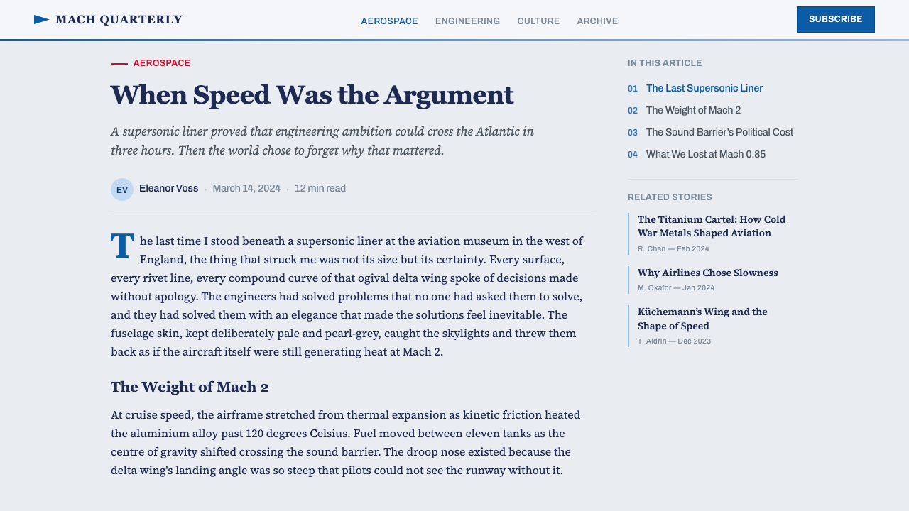 Concorde Supersonic design style applied to a Article page