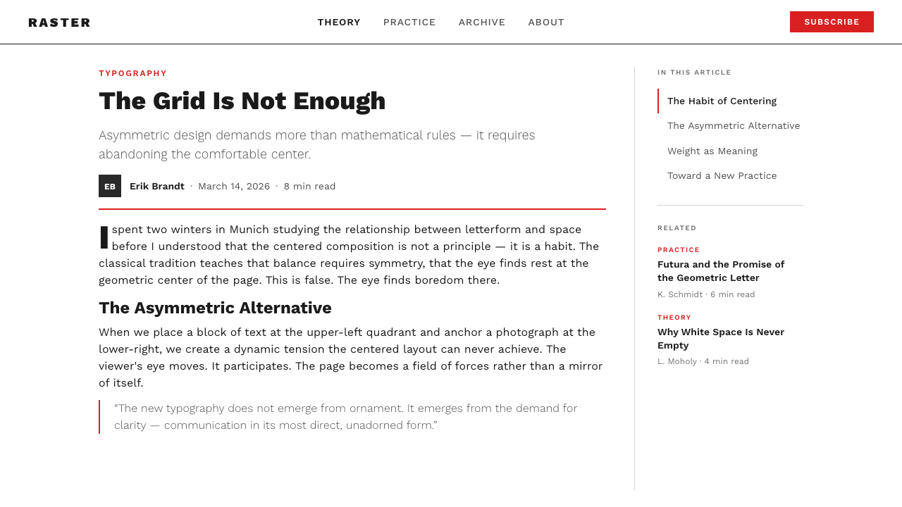 New Typography (Tschichold 1928) design style applied to a Article page
