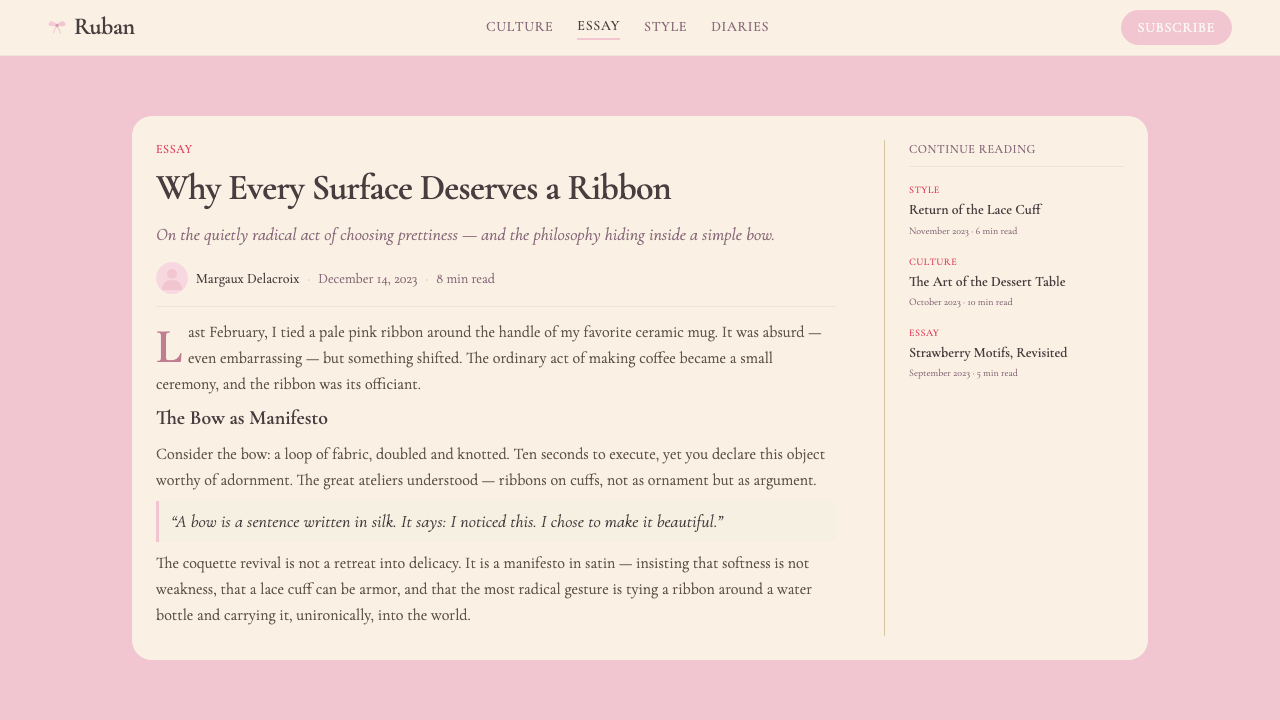 Coquette Aesthetic Pink Bow (2023) design style applied to a Article page