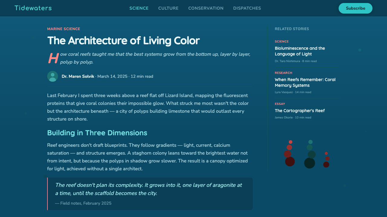 Great Barrier Reef design style applied to a Article page