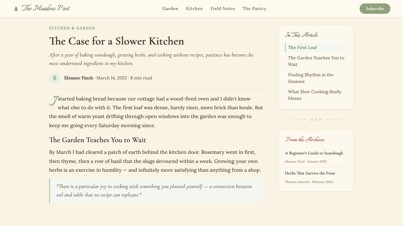 Cottagecore design style applied to a Article page