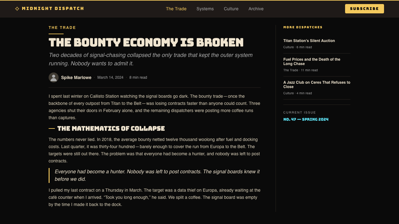 Cowboy Bebop Jazz-Noir design style applied to a Article page