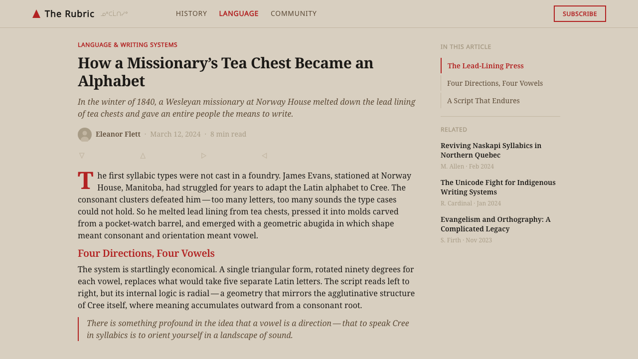 Cree Syllabics design style applied to a Article page