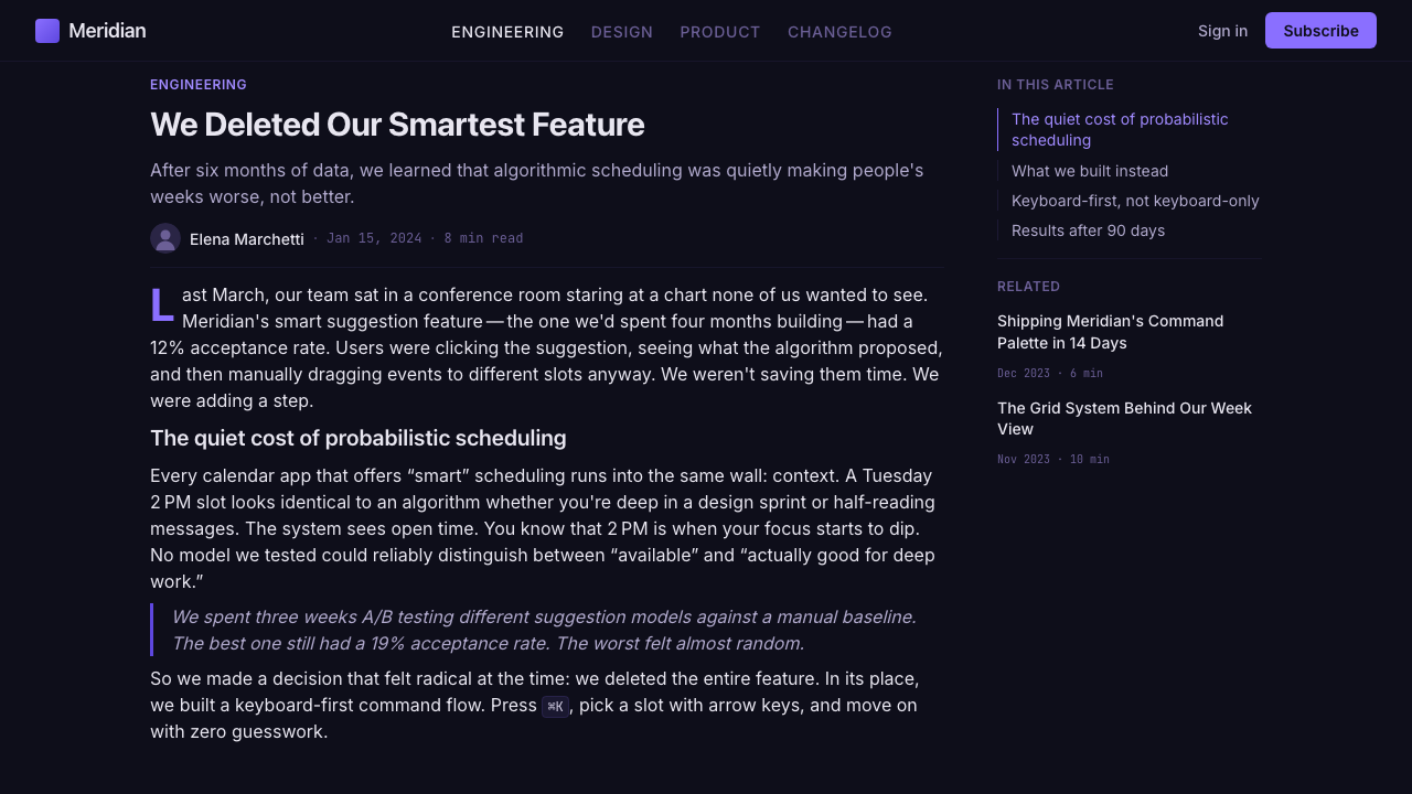Cron Calendar design style applied to a Article page