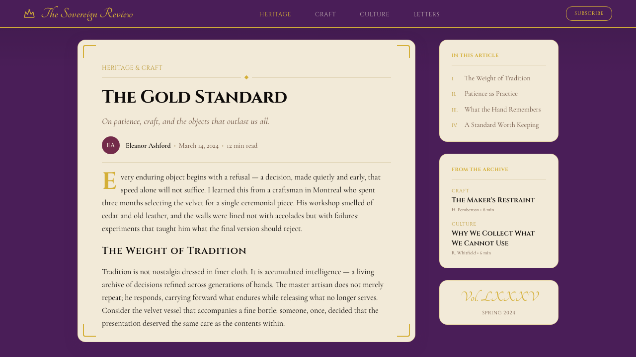 Crown Royal Purple Velvet (1939) design style applied to a Article page